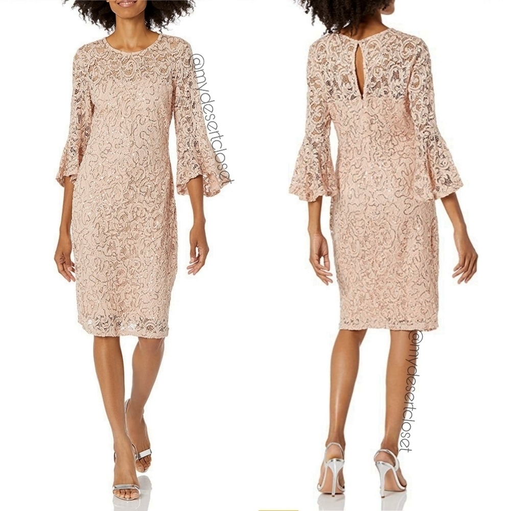 3 for $30! SALE Marina Lace Sequined Illusion Blush Sheath Bell Sleeve Dress - Picture 1 of 13